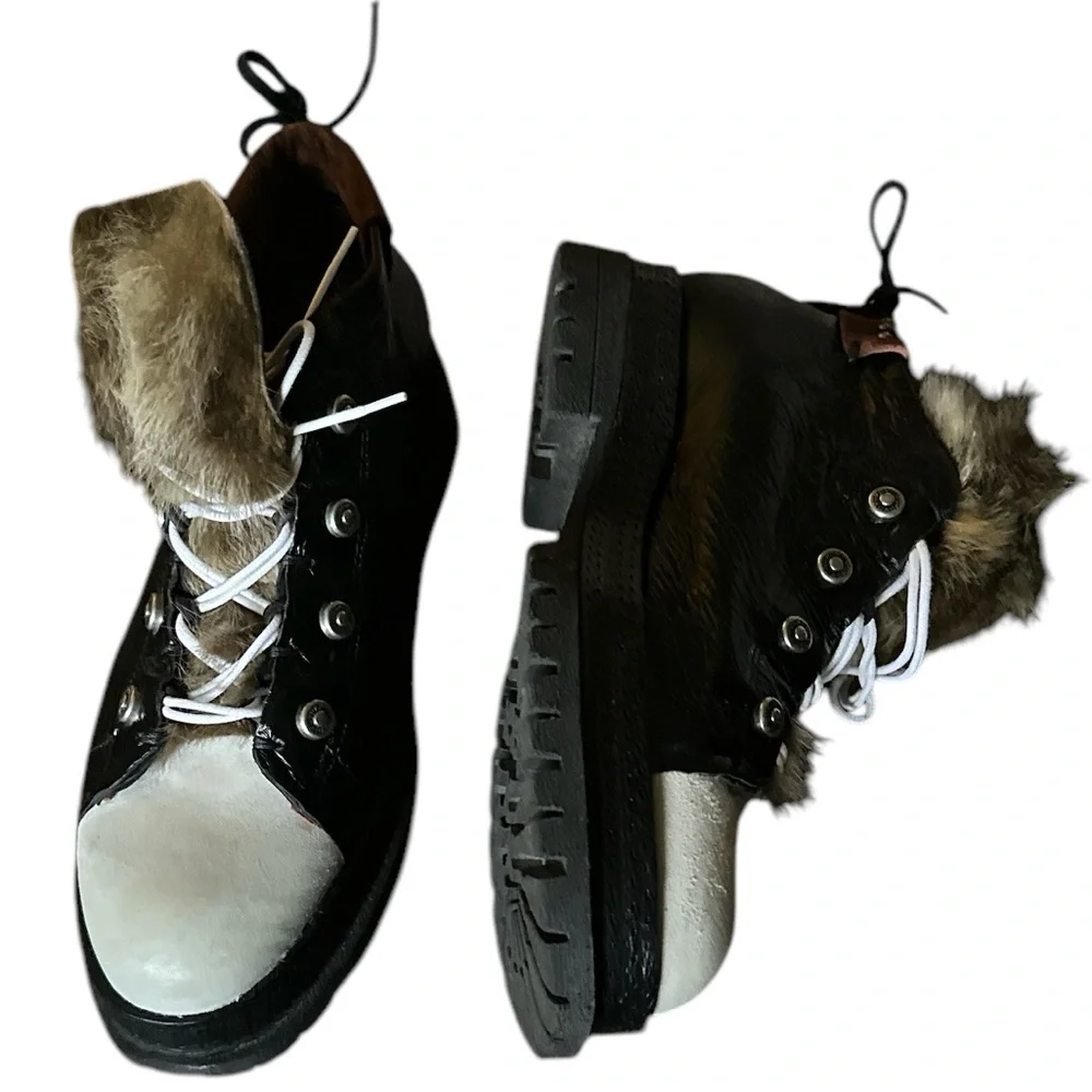 FREE PEOPLE A.S.98 Black White faux fur tongue lug suede chunky leather Shoes